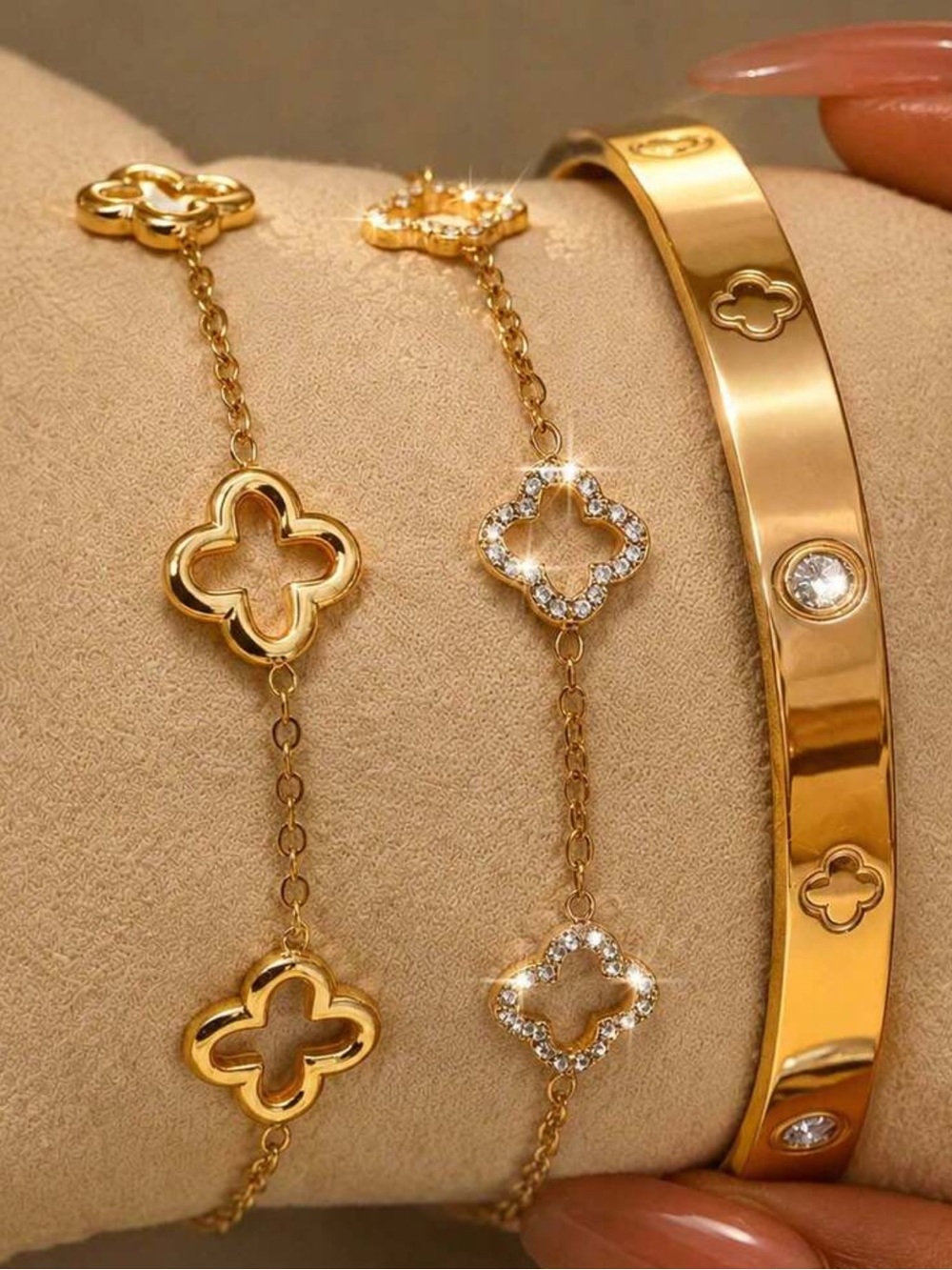 Gold Clover Link Bracelet Set with Sparkling Accents